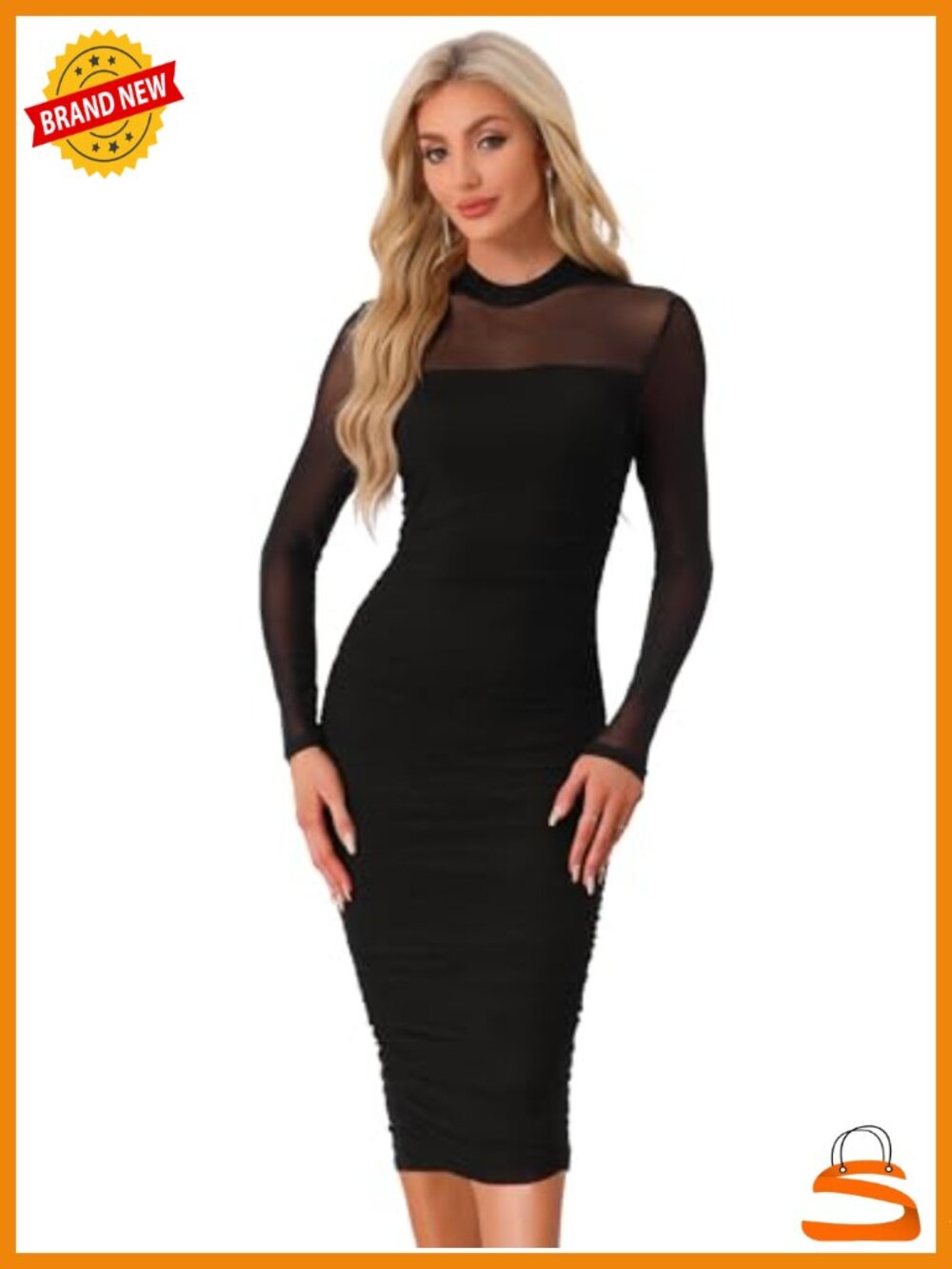 Women's Mesh Bodycon Midi Dress Long Sleeve Mock Neck Ruched